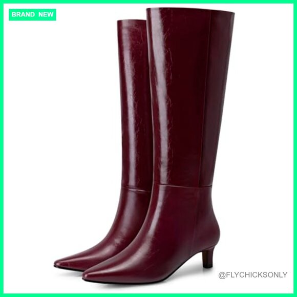 Knee High Boots with Kitten Heel, Wide Calf, Pointed Toe, PU Leather - Picture 4 of 7